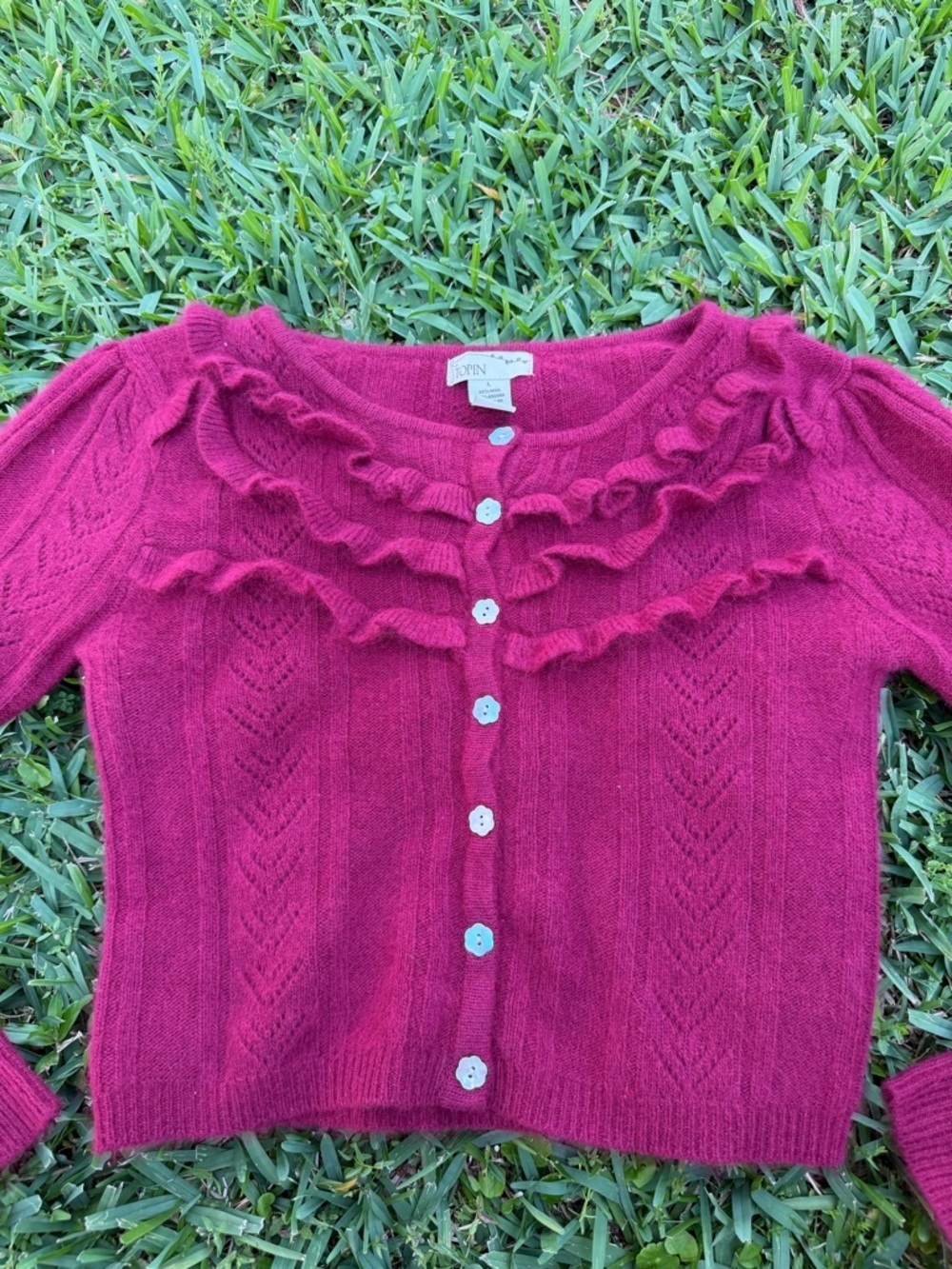 Topin Angora Wool Blend Ruffle Cardigan Raspberry Pink Grandmacore Coquette S - Picture 3 of 7